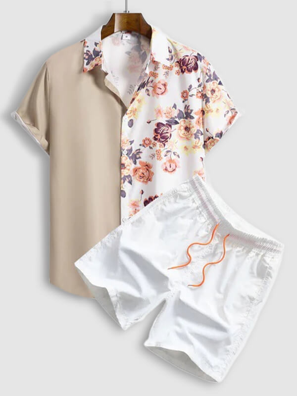 Men's Hawaiian Floral Patchwork Short Sleeve Shirt Casual Pants Set
