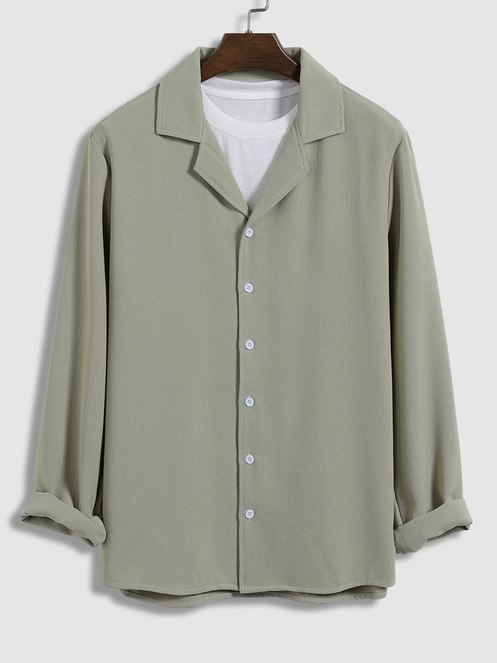 Men's Solid Color Textured Cuban Collar Long Sleeve Shirt