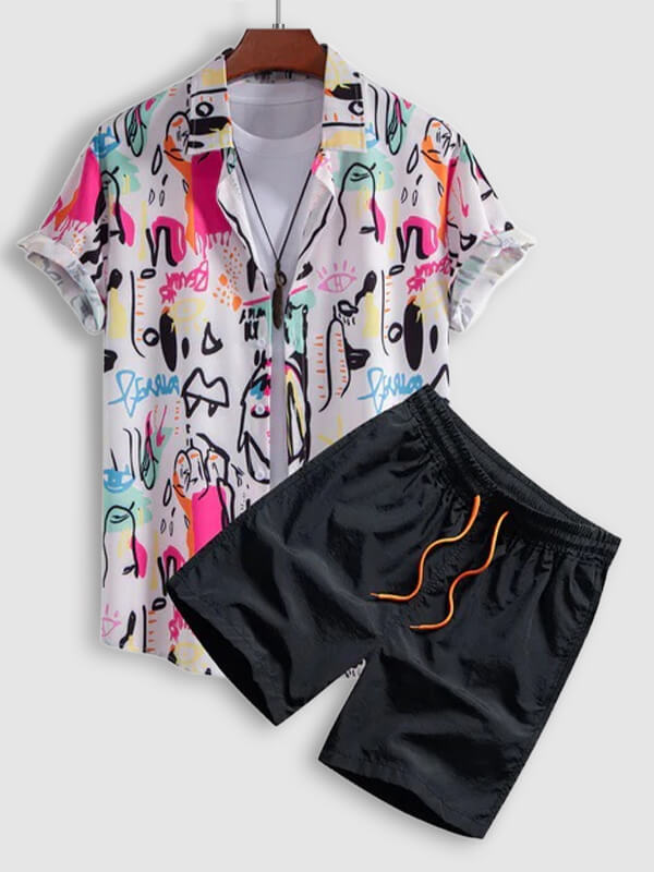 Men's Graffiti Style Print Short-Sleeve Shirt and Casual Pants Set