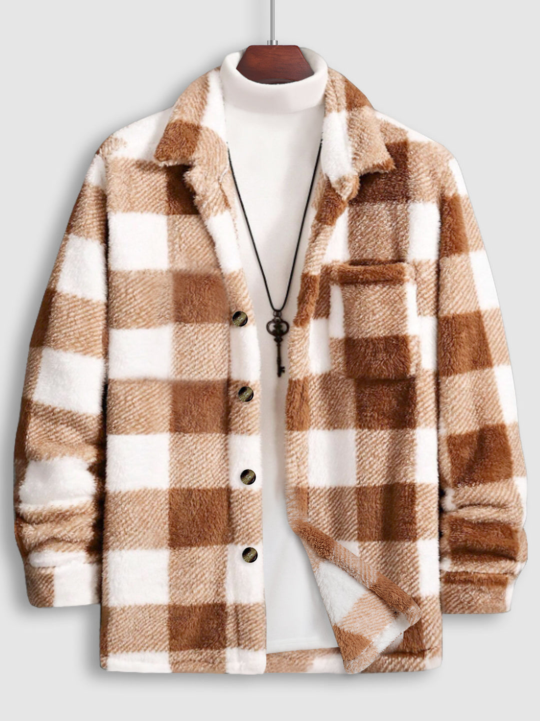 Men's Classic Plaid  Fluffy Faux Fur Single Pocket Button Lapel Jacket