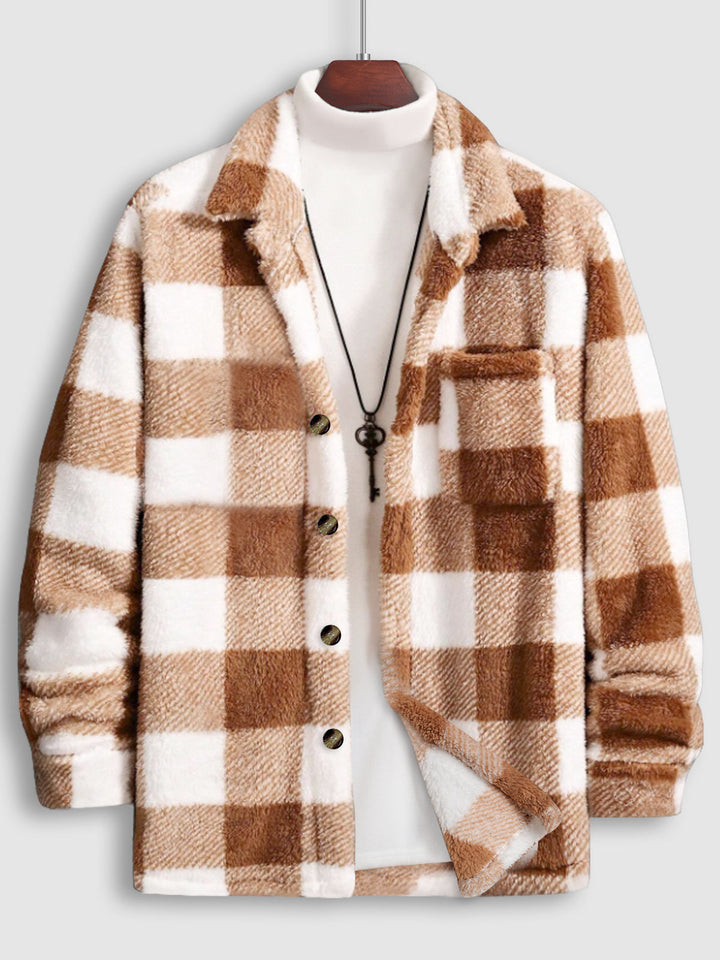 Men's Classic Plaid  Fluffy Faux Fur Single Pocket Button Lapel Jacket