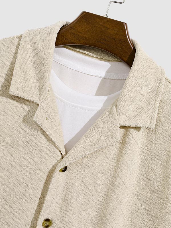 Men's diamond geometric terry texture shirt casual shorts set