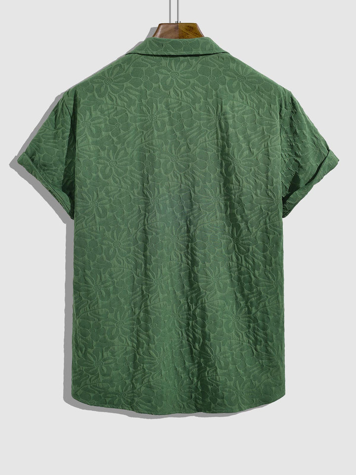 Men's retro textured Cuban collar solid color short-sleeved shirt