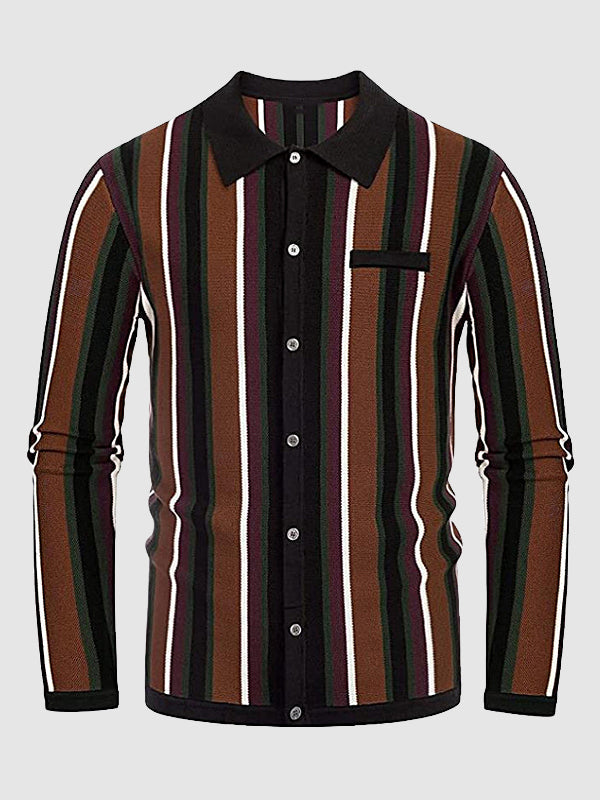 Men's striped jacquard lapel button-down sweater