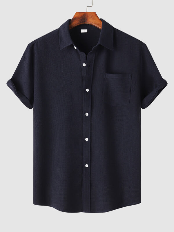 Men's Solid Color Waffle Textured Casual Short Sleeve Shirt
