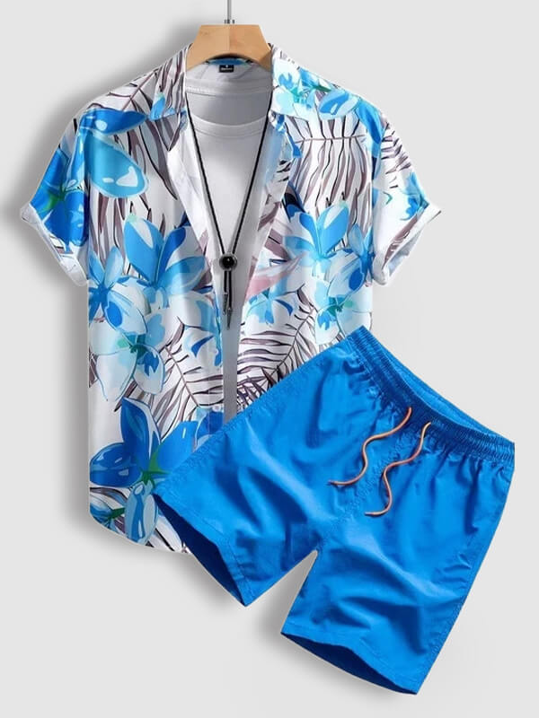 Men's Hawaiian floral print short sleeve shirt and casual pants set