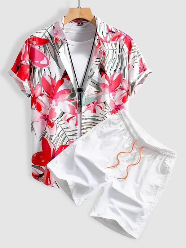 Men's Vacation Style Floral Print Short-Sleeve Casual Pants Set