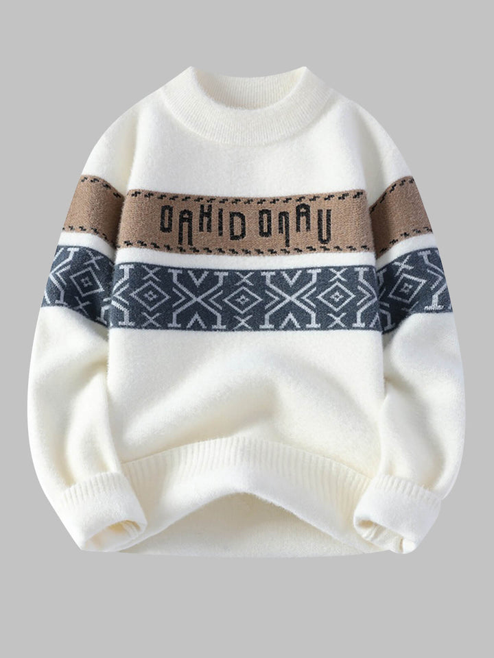Men's Color-Block Letter Jacquard Loose Crew Neck Sweater