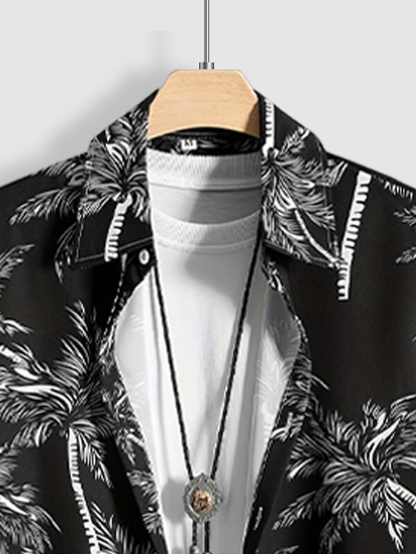 Men's Palm Leaf Printed Casual Short Sleeve Shirt Casual Pants Set