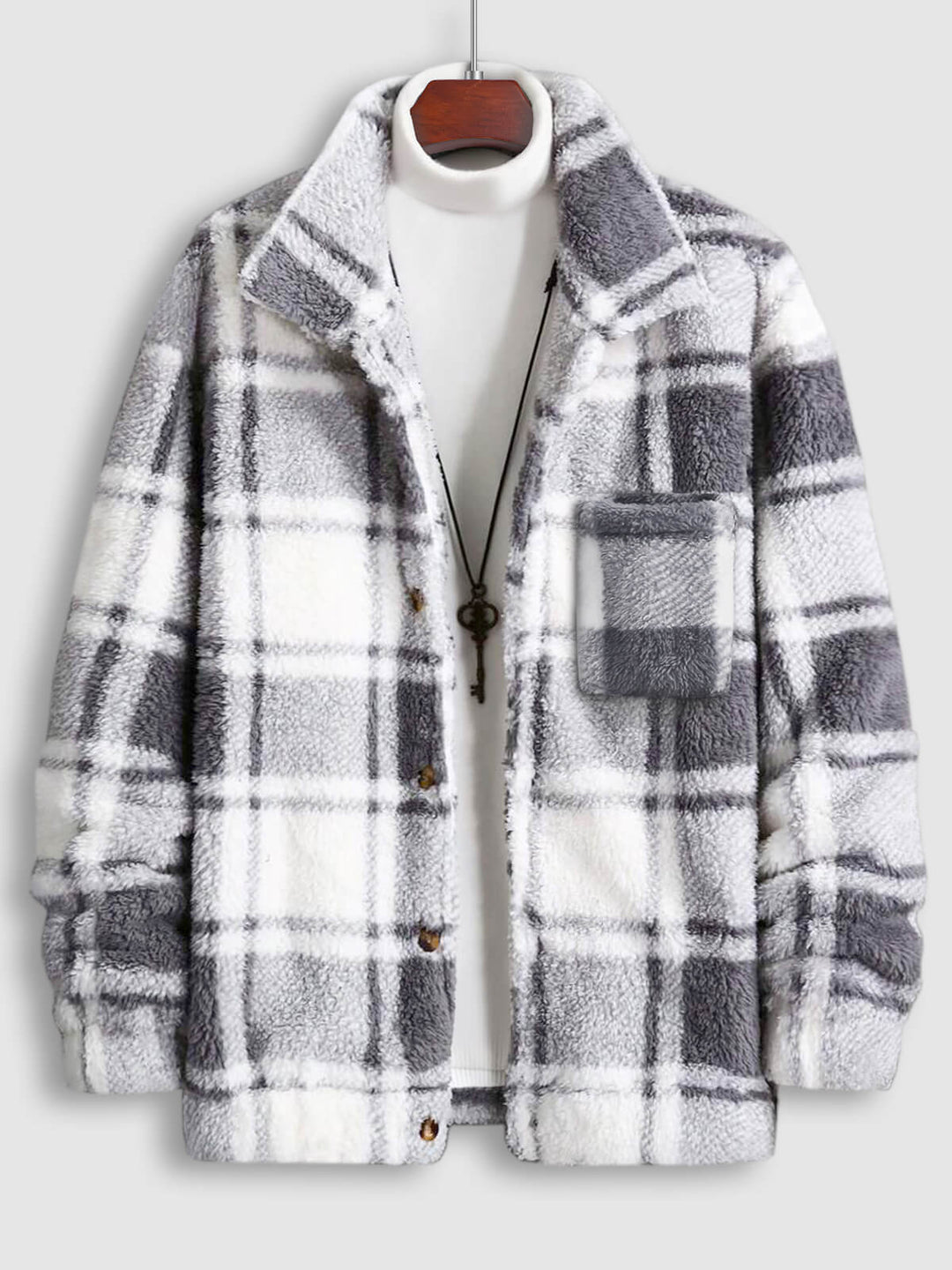 Men's Classic Plaid  Fluffy Faux Fur Single Pocket Button Lapel Jacket
