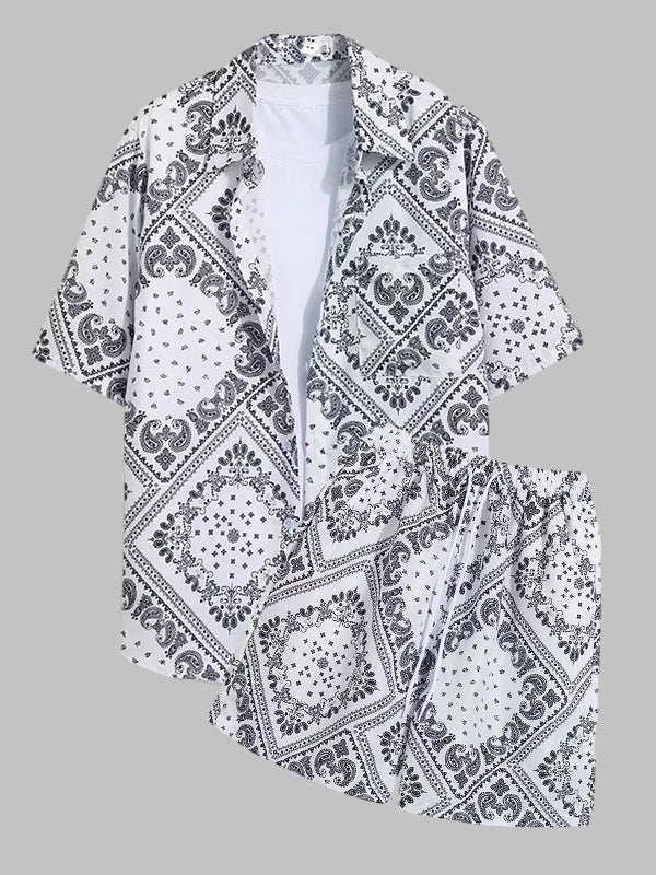 Men's Retro Paisley Print Casual Short Sleeve Shirt Shorts Set