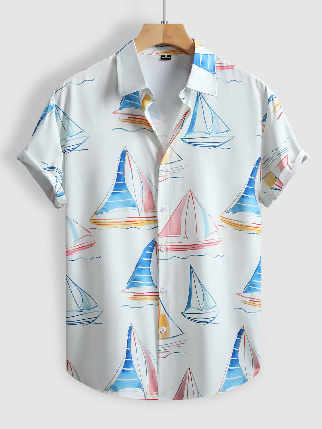 Men's Hawaiian sailboat print lapel short sleeve shirt