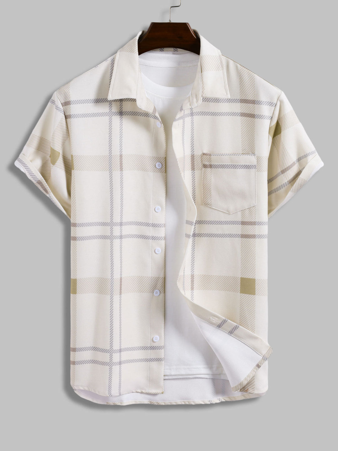 Men's retro textured plaid pocket short-sleeved shirt