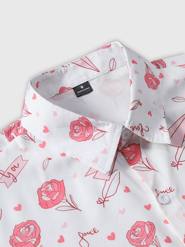 Men's Hawaiian Rose Print Lapel Short Sleeve Shirt