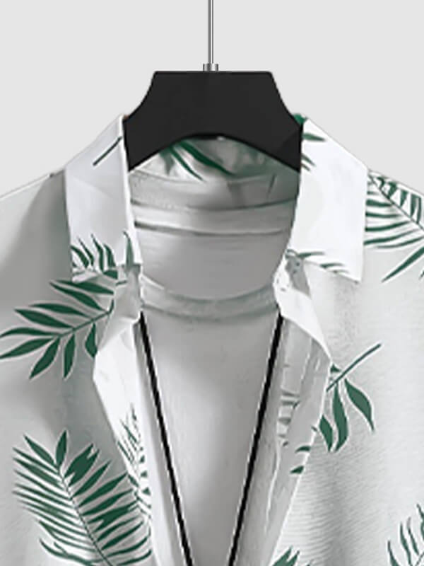 Men's Leaf Print Casual Short-Sleeve Shirt and Shorts Set