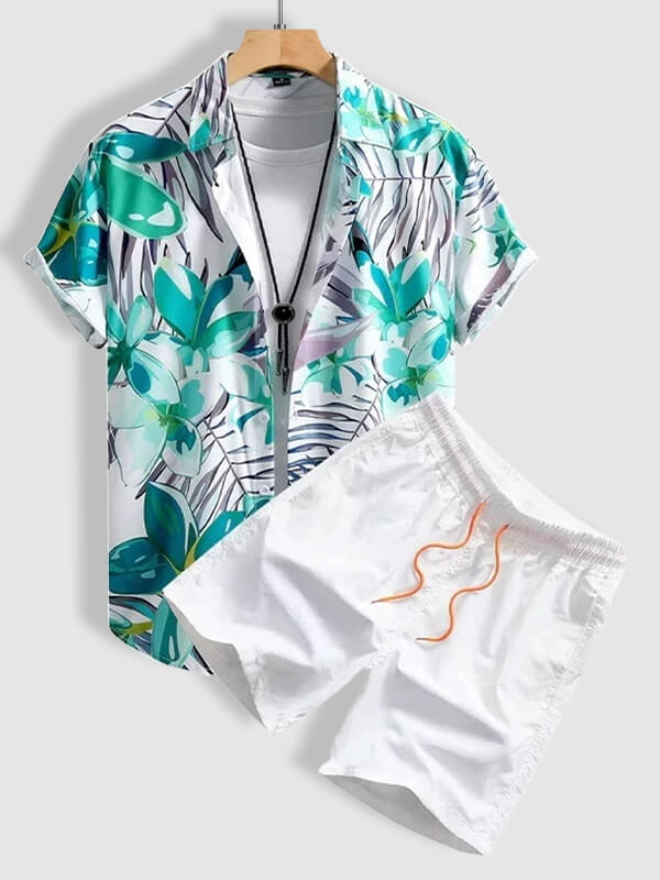 Men's floral print casual short-sleeved shirt and casual pants set