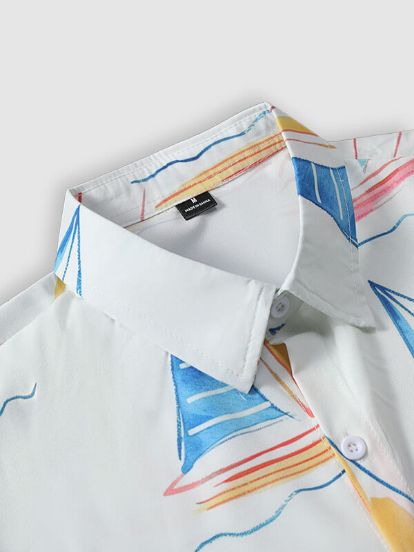 Men's Hawaiian sailboat print lapel short sleeve shirt