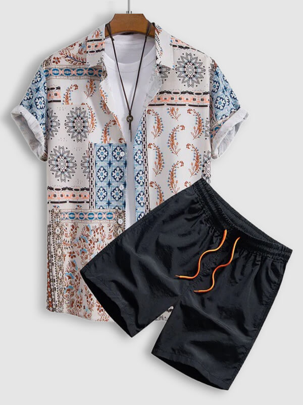 Men's Vacation Style Paisley Print Short-Sleeve Casual Pants Set