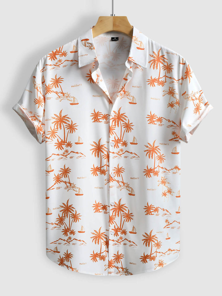 Men's Hawaiian Coconut Tree Print Lapel Short Sleeve Shirt
