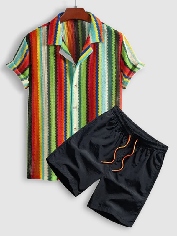Men's colorful striped pattern short-sleeved shirt and casual pants set