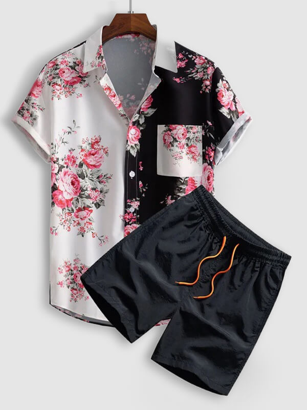 Men's Hawaiian Floral Patchwork Short Sleeve Shirt Casual Pants Set