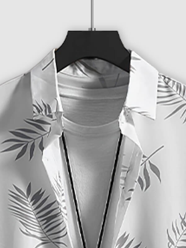 Men's Leaf Print Casual Short-Sleeve Shirt and Shorts Set