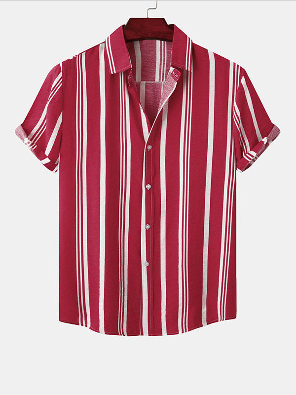 Men's Cotton Linen Stripe Short Sleeve Shirt