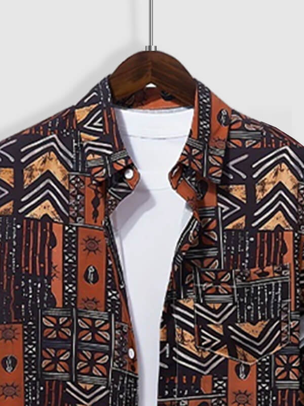 Men's Ethnic Print Casual Short-Sleeve Shirt and Shorts Set