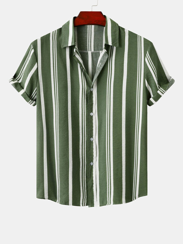 Men's Cotton Linen Stripe Short Sleeve Shirt