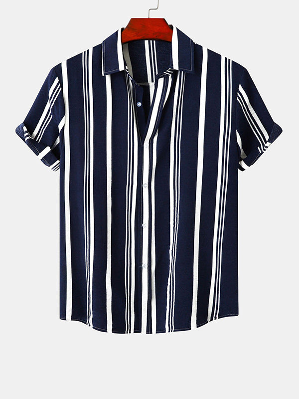 Men's Cotton Linen Stripe Short Sleeve Shirt