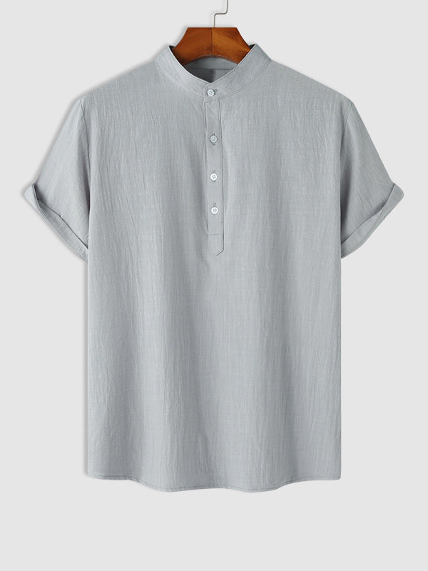 Men's Cotton Linen Textured Half Placket Short Sleeve Shirt