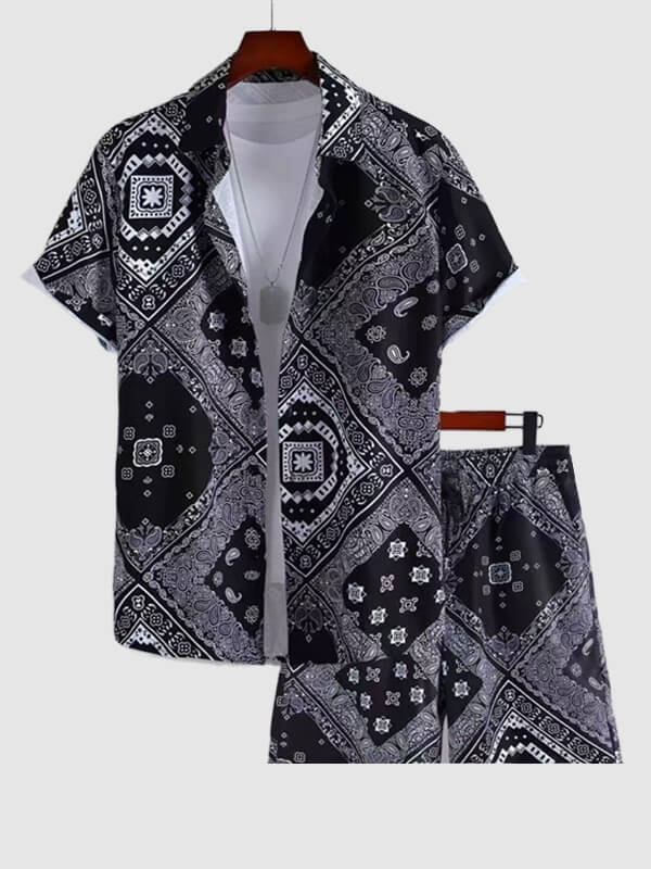 Men's Pelisse Pattern Print Short-Sleeve Casual Pants Set