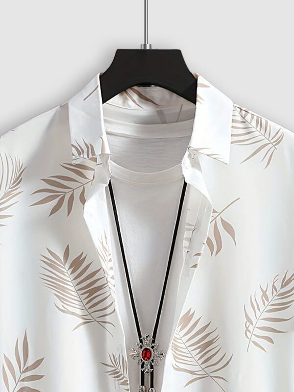 Men's Leaf Print Casual Short-Sleeve Shirt and Shorts Set