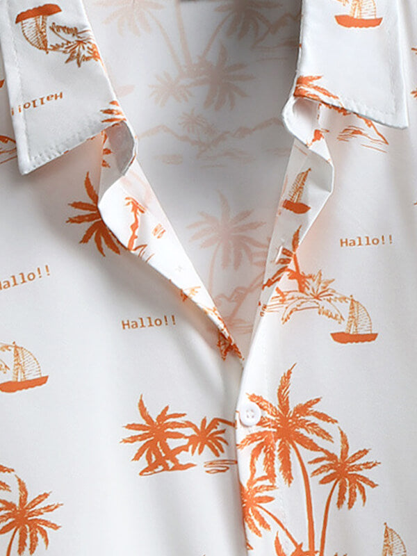 Men's Hawaiian Coconut Tree Print Lapel Short Sleeve Shirt