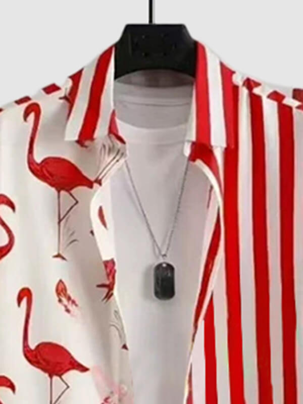 Men's Red-Crowned Crane Pattern Print Short-Sleeve Casual Pants Set