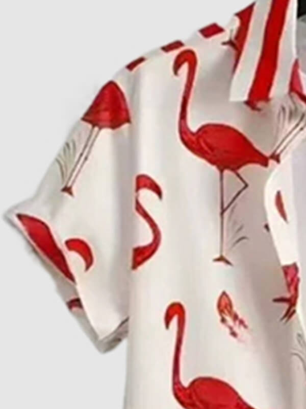 Men's Red-Crowned Crane Pattern Print Short-Sleeve Casual Pants Set