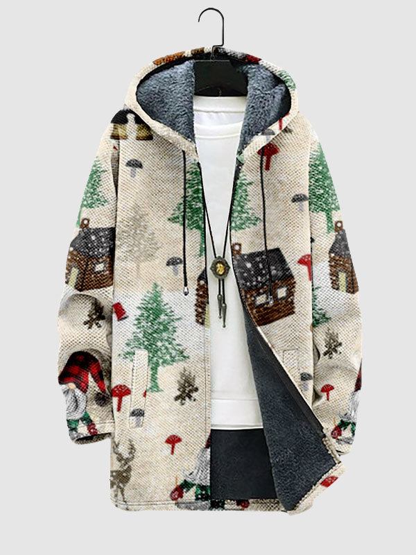 Men's Classic Christmas Tree Print Fleece-lined Jacket