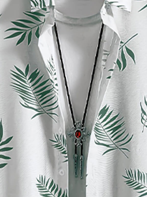 Men's Leaf Print Casual Short-Sleeve Shirt and Shorts Set