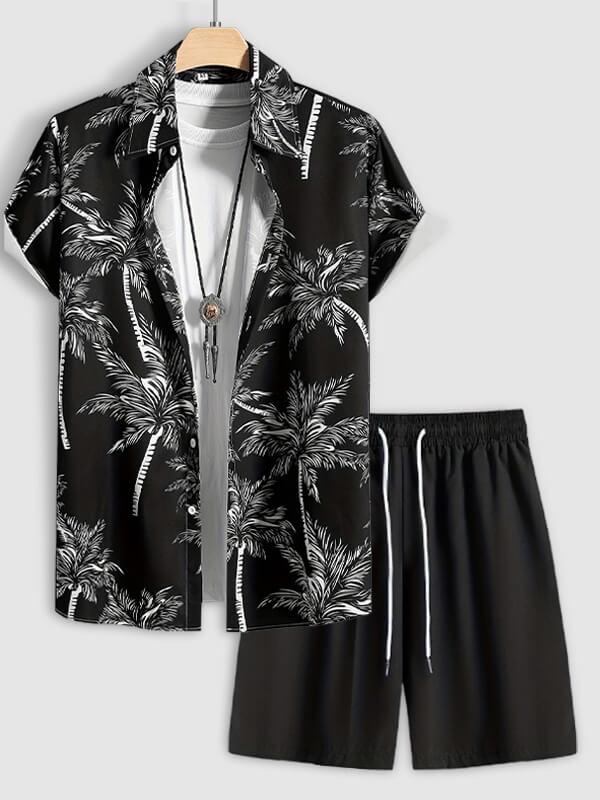Men's Palm Leaf Printed Casual Short Sleeve Shirt Casual Pants Set