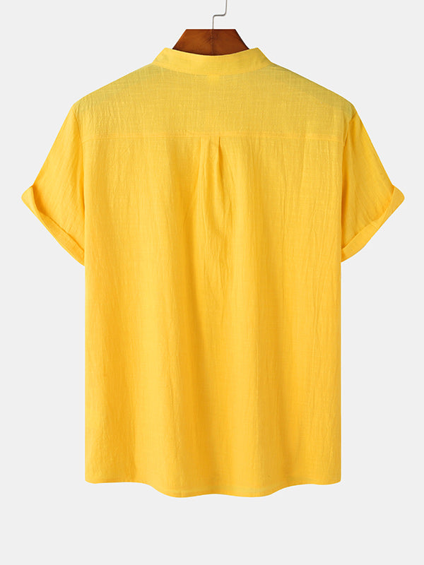 Men's Cotton Linen Textured Half Placket Short Sleeve Shirt