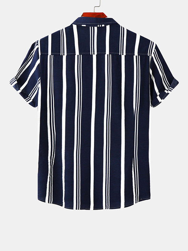 Men's Cotton Linen Stripe Short Sleeve Shirt