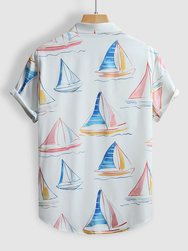 Men's Hawaiian sailboat print lapel short sleeve shirt