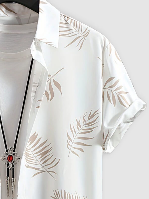 Men's Leaf Print Casual Short-Sleeve Shirt and Shorts Set