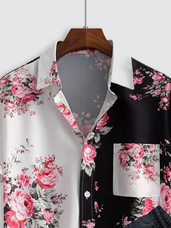 Men's Hawaiian Floral Patchwork Short Sleeve Shirt Casual Pants Set