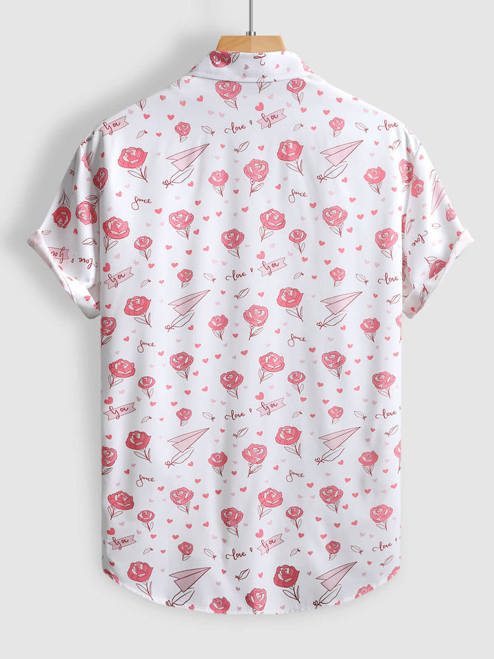 Men's Hawaiian Rose Print Lapel Short Sleeve Shirt