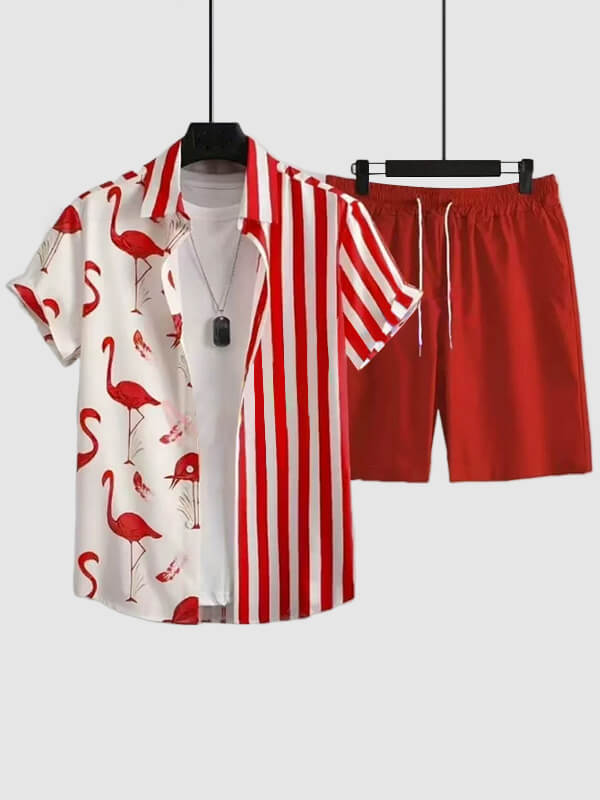 Men's Red-Crowned Crane Pattern Print Short-Sleeve Casual Pants Set