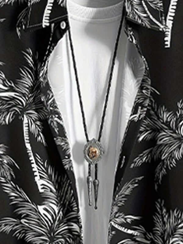 Men's Palm Leaf Printed Casual Short Sleeve Shirt Casual Pants Set