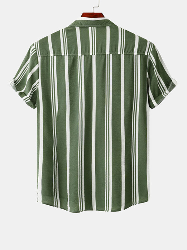 Men's Cotton Linen Stripe Short Sleeve Shirt