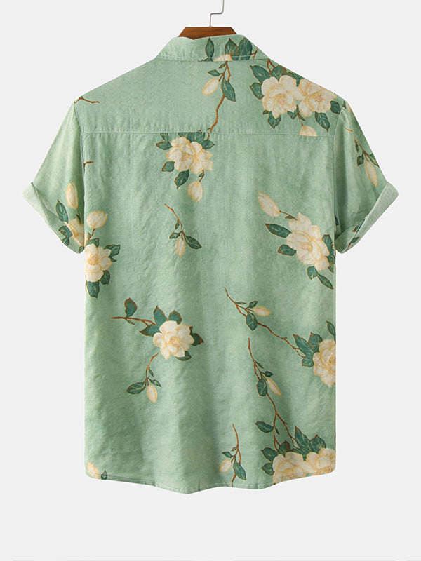 Men's Cotton Linen Printed Short Sleeve Shirt