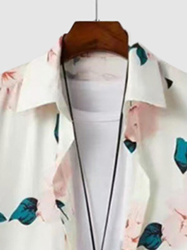 Men's Floral Pattern Print Short-Sleeve Casual Pants Set